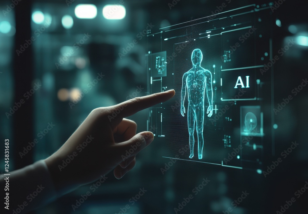 Aufkleber human interaction with futuristic holographic interface showing ai technology and digital human mode
