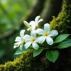 Fototapeta premium Delicate jasmine blooms amidst lush green foliage and moss, flowers, flora