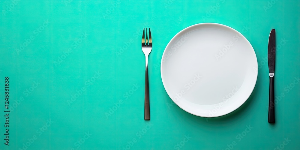 Aufkleber elegant top view of a white empty plate with silver cutlery on the left arranged neatly against a vi