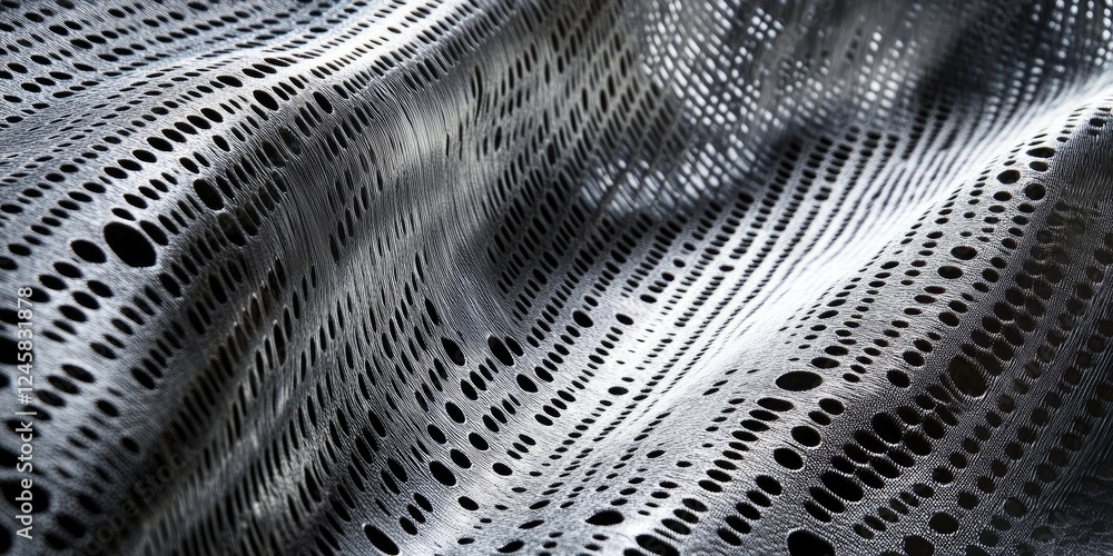 Poster textured black silk fabric with intricate perforations flowing in soft curves, showcasing light refl