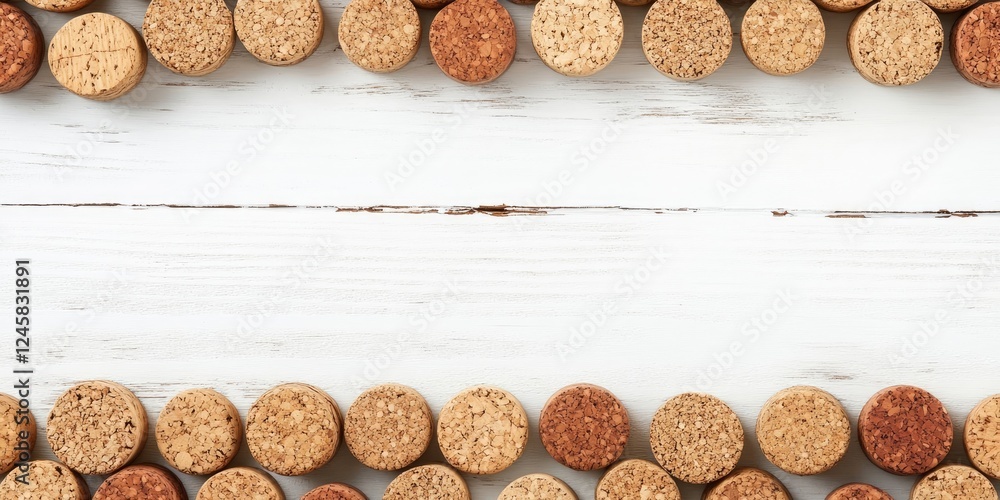Poster Corks arranged symmetrically in a rectangular border on a white wooden surface creating a rustic and artistic layout for wine-themed designs.