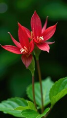 Delicate petals of Eastern Red Columbine against a green leaf background, garden, flowers, red