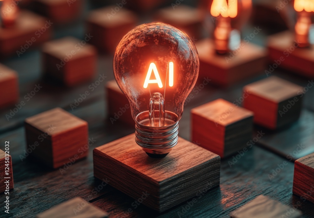 Poster illuminated ai light bulb representing artificial intelligence concept in a creative workspace with 