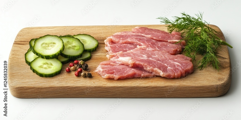 Poster fresh raw pork slices arranged on a wooden cutting board alongside sliced cucumbers and scattered pe