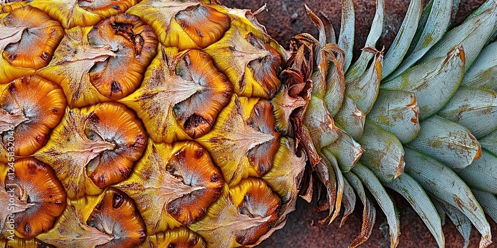 Poster pineapple skin texture with intricate yellow and brown patterns against a natural garden background 
