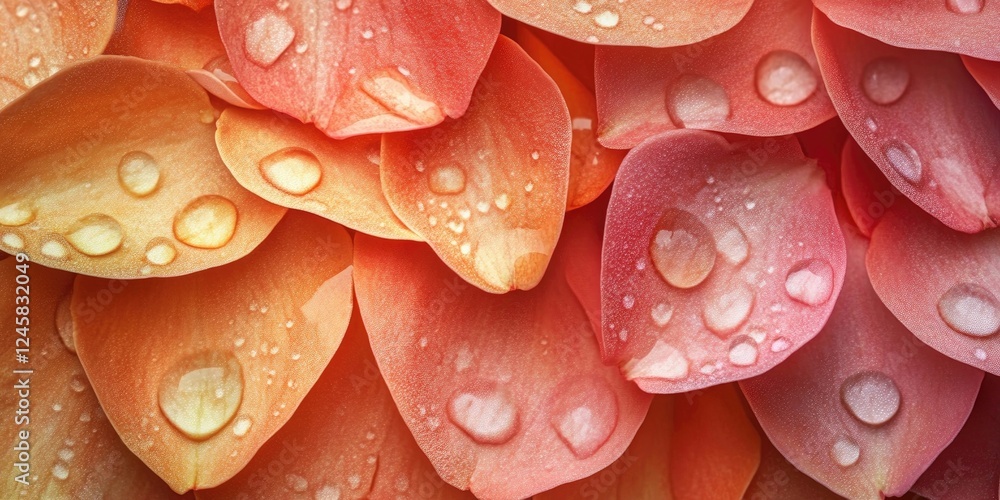 Aufkleber close-up of delicate pink and orange flower petals with dew drops arranged horizontally on a soft ba