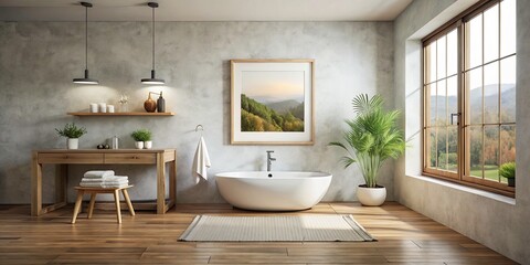 Double Exposure Mockup: Blank White Canvas in Wooden Frame, Minimalist Bathroom Interior