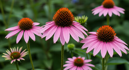 Echinacea Bloom: A close-up captures the vibrant beauty of Echinacea flowers in full bloom, showcasing their striking pink petals and distinctive orange centers.