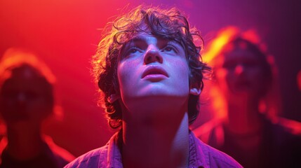 Teenager gazing upward, concert crowd, red lighting, hopeful