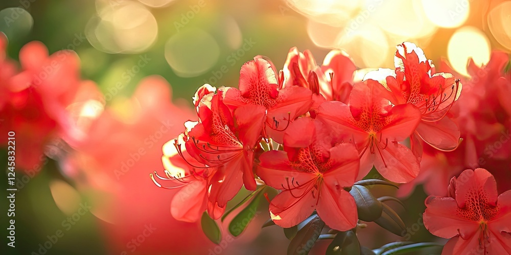 Poster vibrant red rhododendron flowers bathed in sunlight with a softly blurred green backdrop creating a 