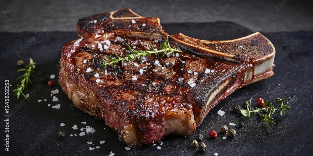 Poster mouthwatering beef t-bone steak seasoned with salt and herbs on slate with a dark concrete backgroun