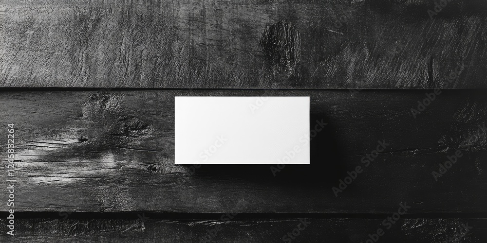 Poster mockup of a blank business card positioned centrally on a textured dark wooden background with a sub