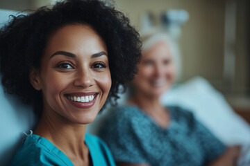 Fototapeta premium nurse smiling warmly while comforting elderly patient in hospital setting, showcasing compassion and care. atmosphere is positive and supportive