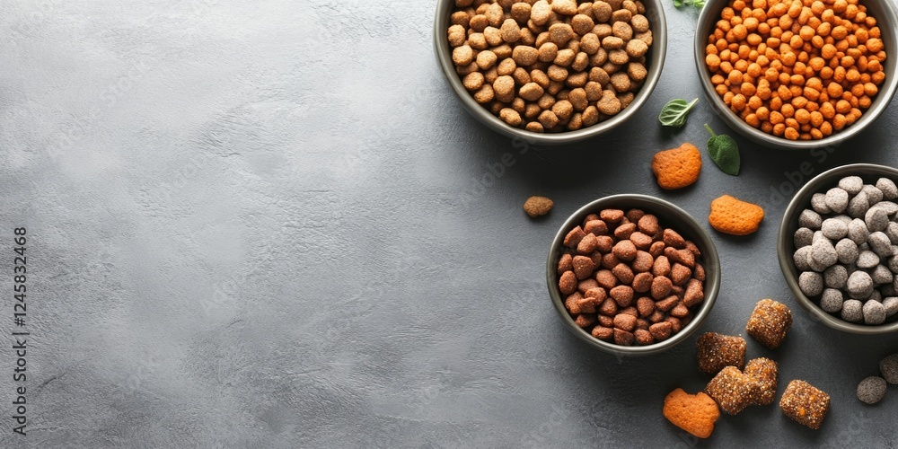 Poster Pet food variety showcased in grey bowls on a textured grey table with space for text featuring dry kibble and wet food in a flat lay arrangement