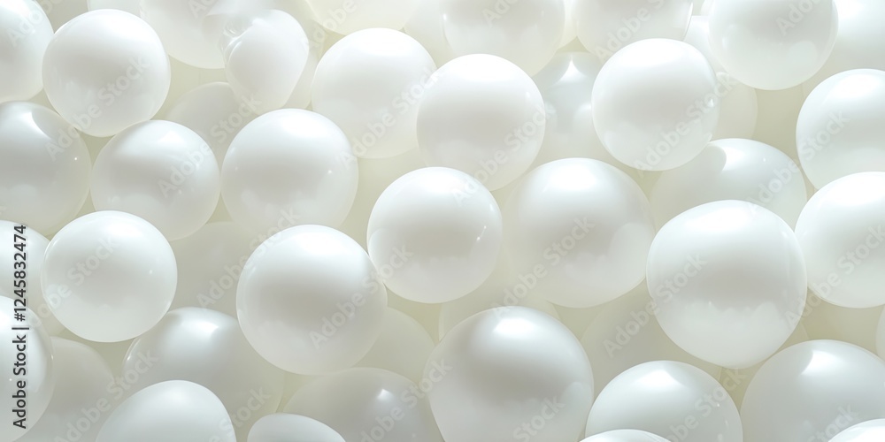 Poster white inflatable plastic balls uniformly scattered, varying sizes create a soft textured background,