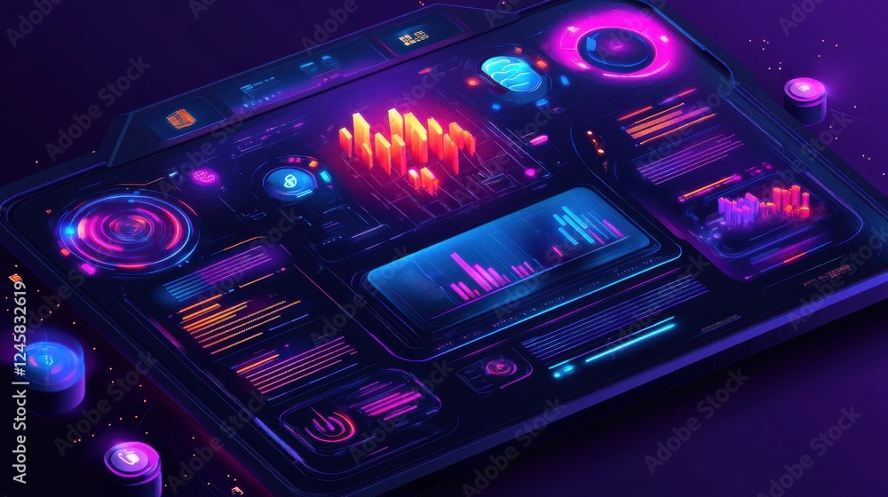 Poster futuristic user interface with data visualization and neon colors