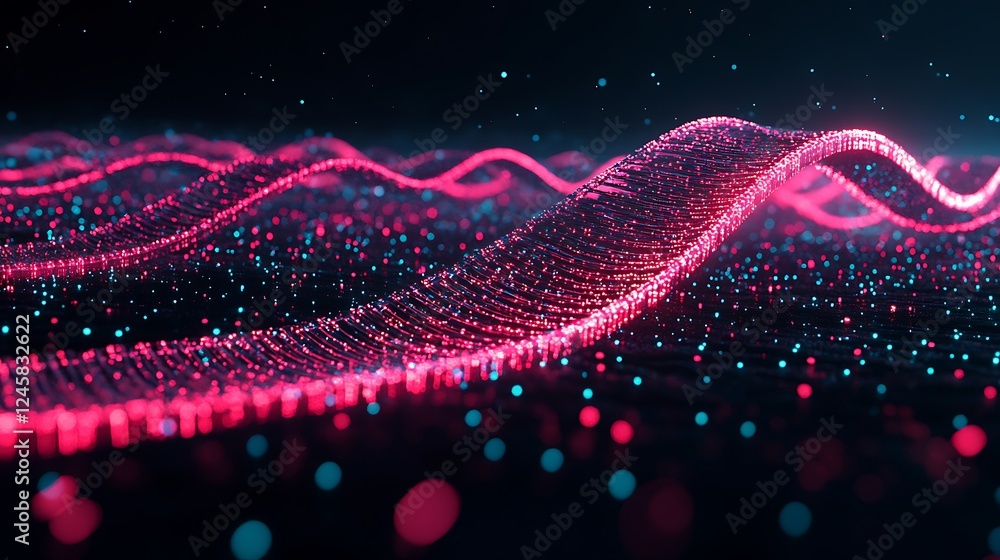 Poster abstract pink and teal data stream wave, glowing particle flow