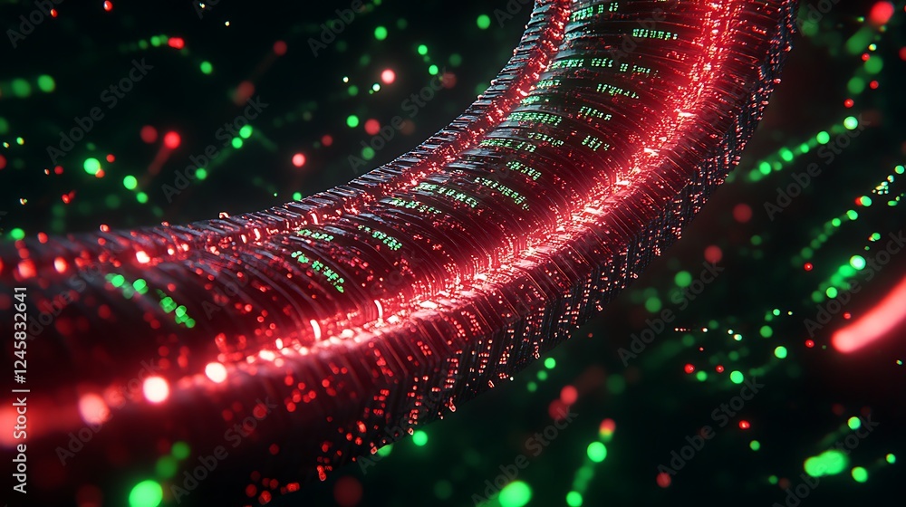 Poster glowing red data stream with green particles in dark space
