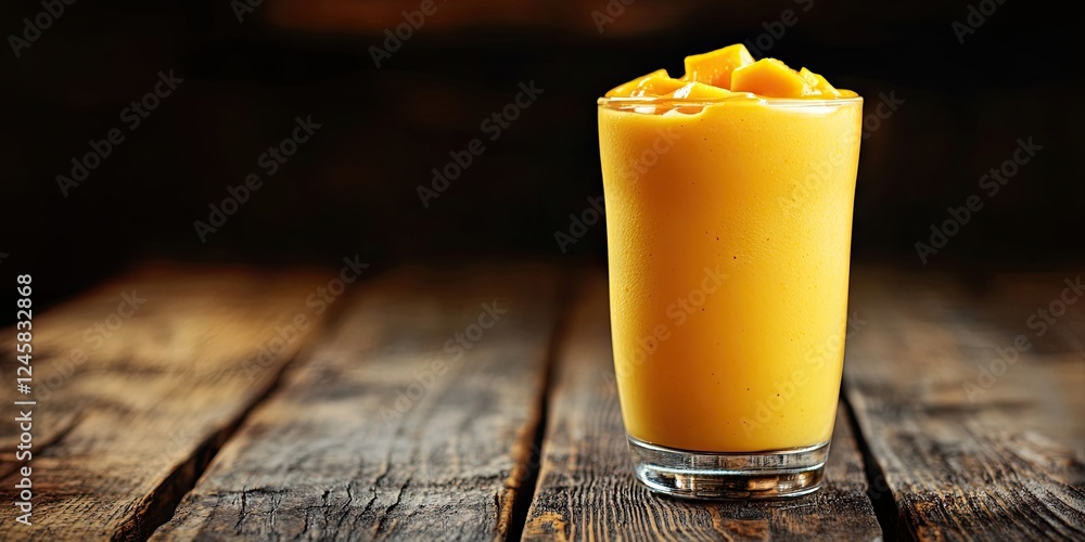 Aufkleber mango smoothie in a clear glass on a rustic wooden table with dark background showcasing vibrant yel