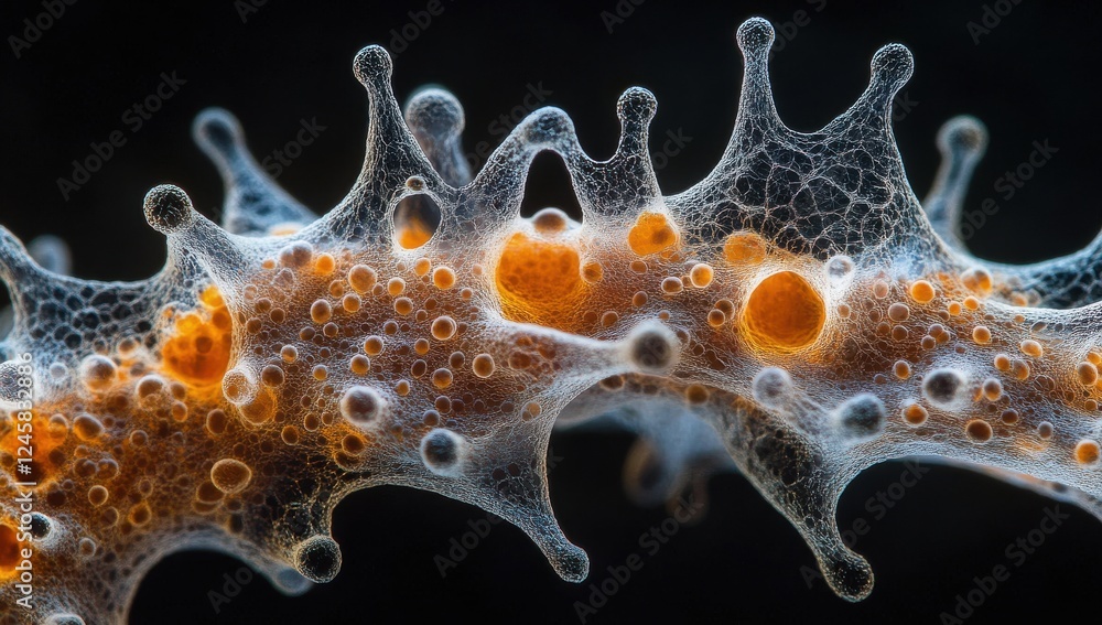 Aufkleber intricate close-up of microscopic organic structures with orange bubbles and delicate filamentous pa