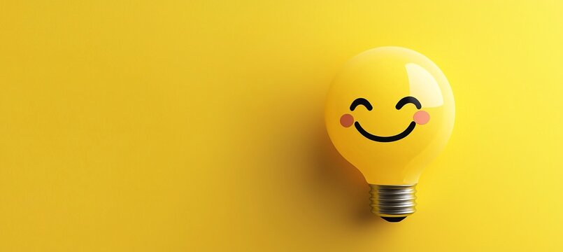 Una lampadina gialla con faccina sorridente, simbolo di gioia e creativit&agrave;. Sfondo giallo con ampio spazio per personalizzazioni
