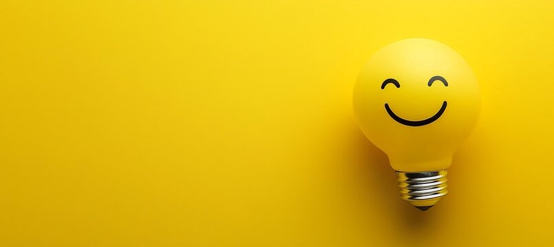 Lampadina gialla con faccia  sorridente, emana un senso di felicit&agrave; e ottimismo