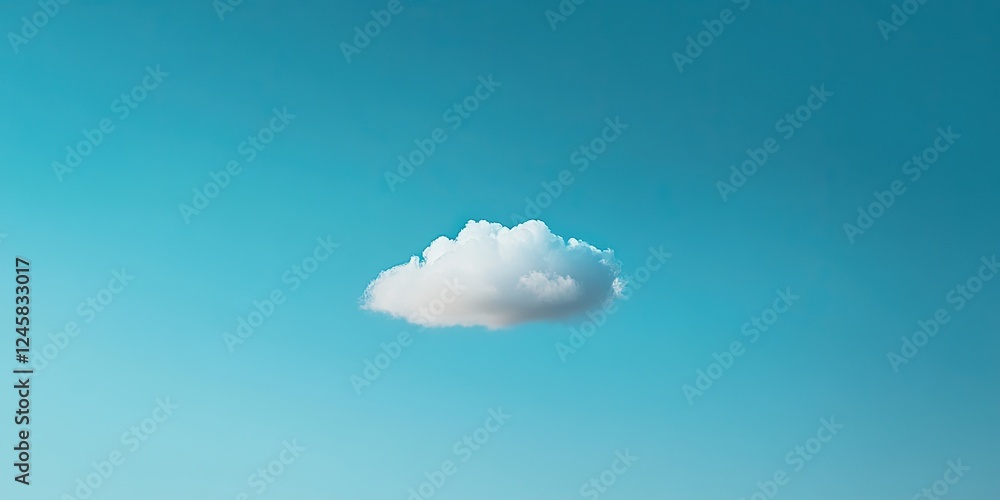 Poster Single fluffy white cloud floating against a clear blue sky creating a serene and tranquil atmosphere with vibrant colors and minimal distractions.