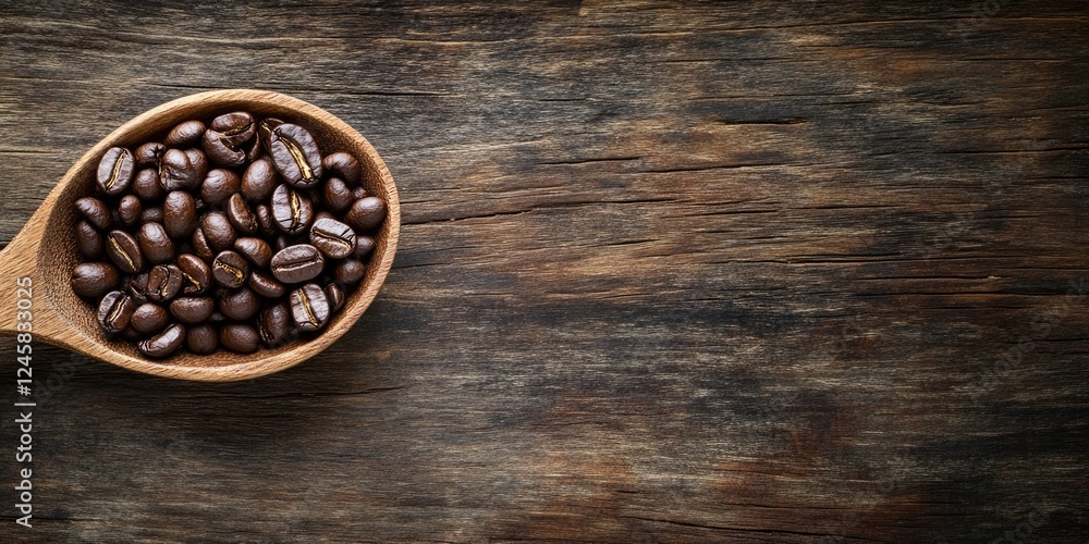 Poster coffee beans in a wooden spoon positioned left on a rustic wooden table with dark brown tones emphas