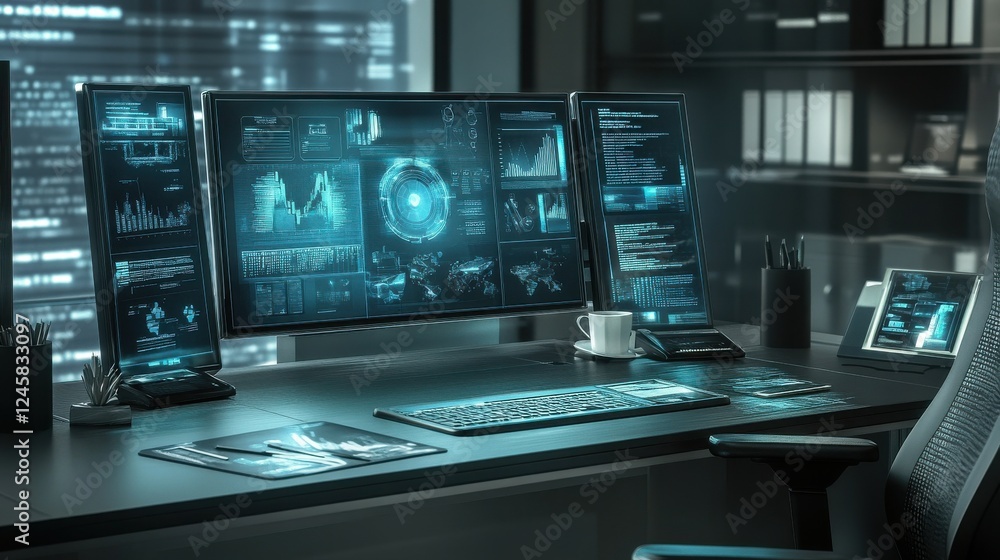 Poster modern office workspace with multiple monitors and data visualizations