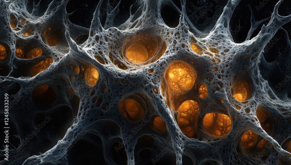 Poster intricate microbial structure with glowing orange highlights, abstract digital art of cellular netwo