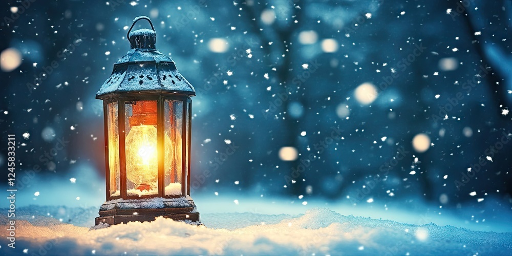 Poster serene winter park scene featuring a glowing lantern surrounded by falling snowflakes on soft white 