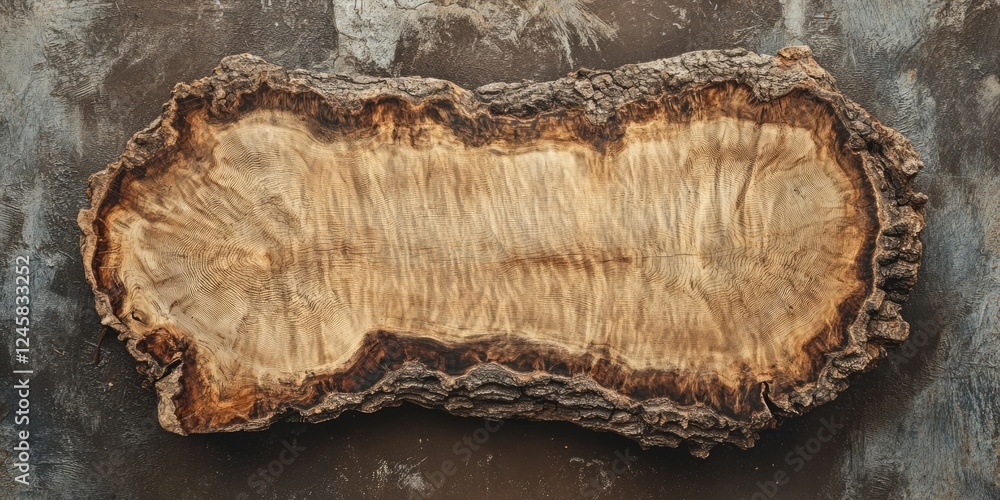 Leinwandbilder rustic wood slab with rich grain patterns and textured bark edges displayed on a textured dark gray 