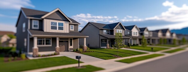 Obraz premium Row of charming single-family houses with brick and shingle exteriors, set in a peaceful suburban area on a sunny day