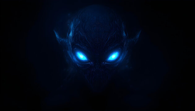 Dark alien creature with glowing blue eyes in 4K