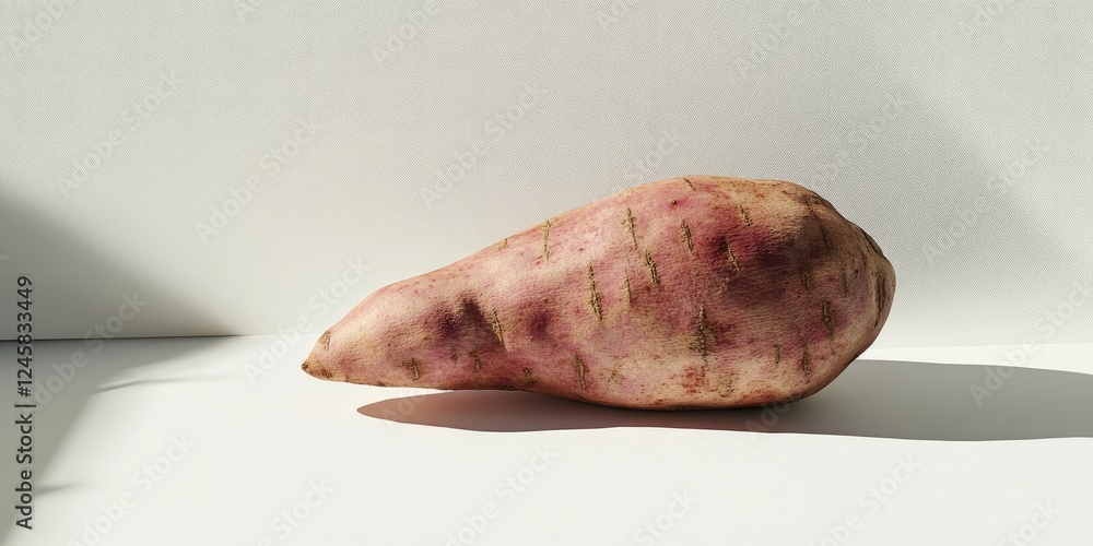 Poster raw sweet potato on a minimalistic white background with soft shadows highlighting its natural textu