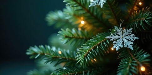 Obraz premium Glittering snowflakes on a majestic green fir Christmas tree, snowflake, sparkling, radiant