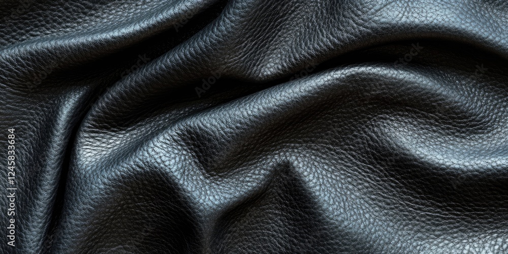 Poster black textured leather fabric with intricate folds and wrinkles against a smooth background, showcas