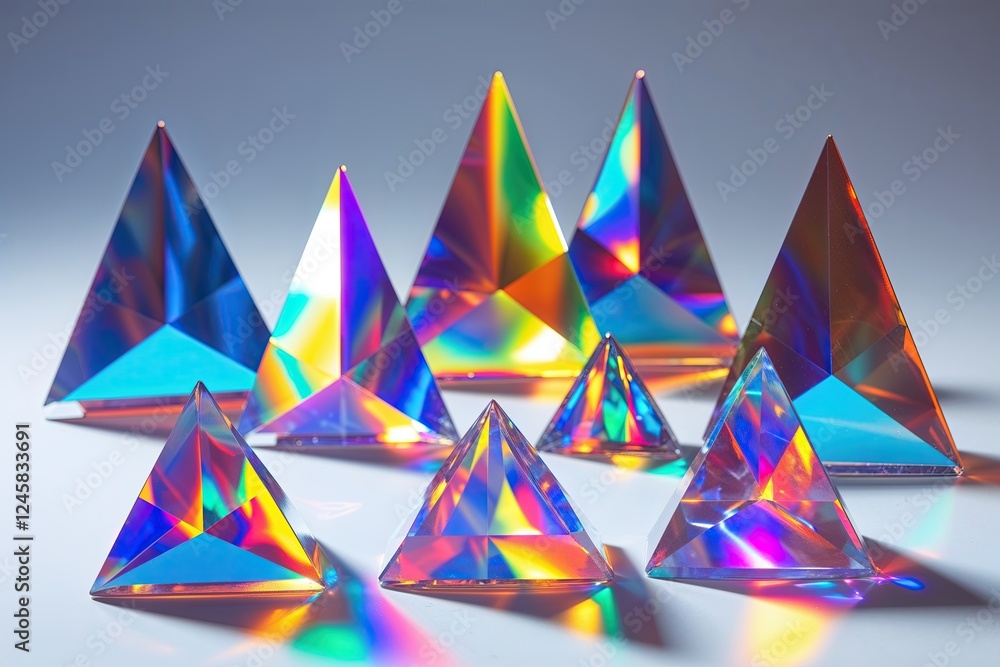 Poster assorted triangular holographic prisms showcasing a charismatic play of spectral light
