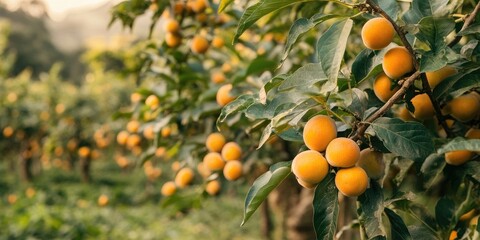 Lush loquat orchard in soft golden hues with ripe round fruit hanging from vibrant green leaves, captured in warm morning light.
