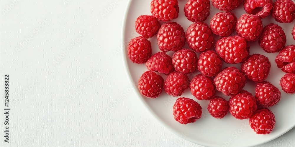 Poster fresh vibrant red raspberries densely arranged on a white circular plate against a clean light backg
