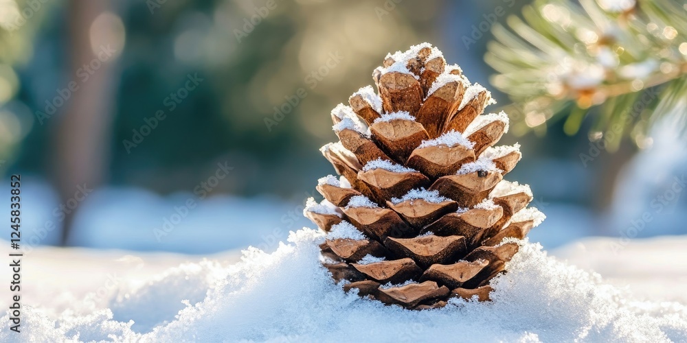 Poster pine cone dusted with fresh snow in a serene winter landscape showcasing soft white snow and blurred