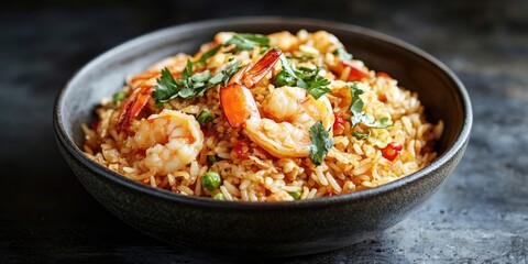 Delicious seafood fried rice with shrimp and herbs in a deep black bowl against a dark textured background, vibrant colors enhancing the dish.