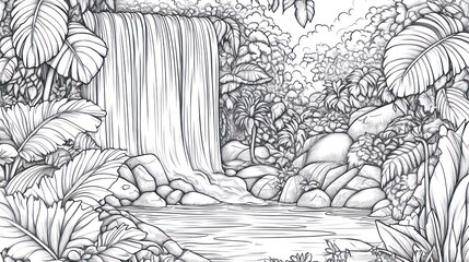 Lush Waterfall Jungle Coloring Page