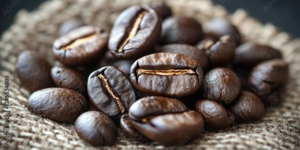 Poster Freshly toasted dark brown coffee beans scattered on a textured burlap surface creating a rustic, inviting coffee aesthetic in soft lighting.