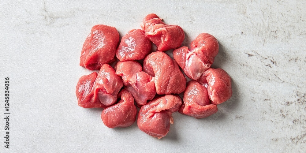 Aufkleber Fresh raw red meat chunks arranged in a pile on a light marble surface with a soft focus in the background highlighting their texture.