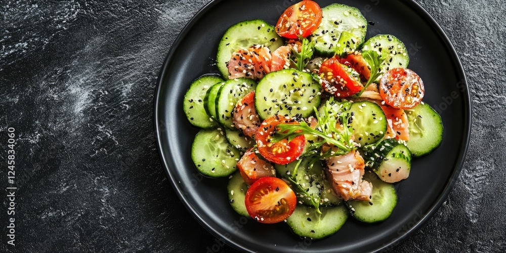 Poster Tuna salad with cucumber and tomato on a black plate against a dark slate backdrop aerial view with ample copy space vibrant colors and textures