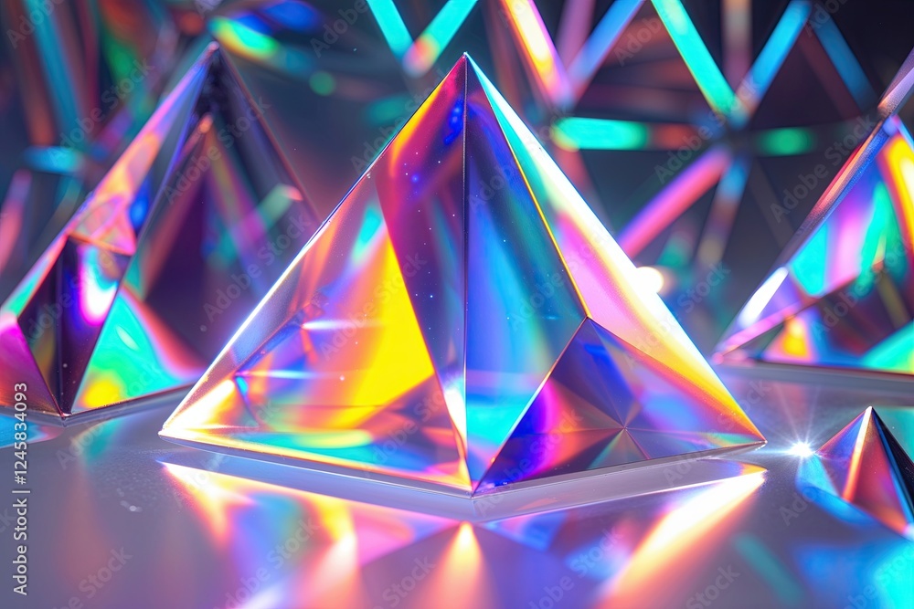 Poster vivid triangular holographic prisms generating unique light spectrum on a transparent backdrop