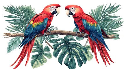 Fototapeta premium Two Scarlet Macaws Perched on a Branch Amidst Lush Tropical Foliage.