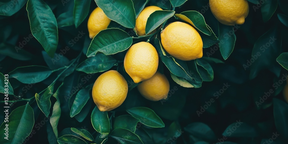 Poster fresh ripe lemons cluster on a lush green lemon tree with dark leaves creating a vibrant contrasting