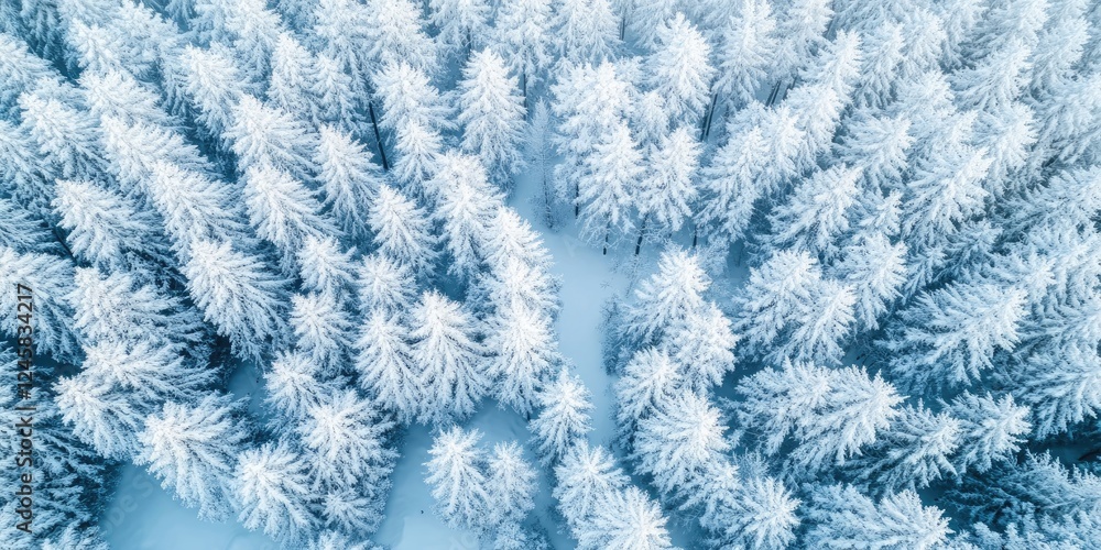 Poster aerial view of a snow-covered forest featuring densely arranged evergreen trees in light blue and wh